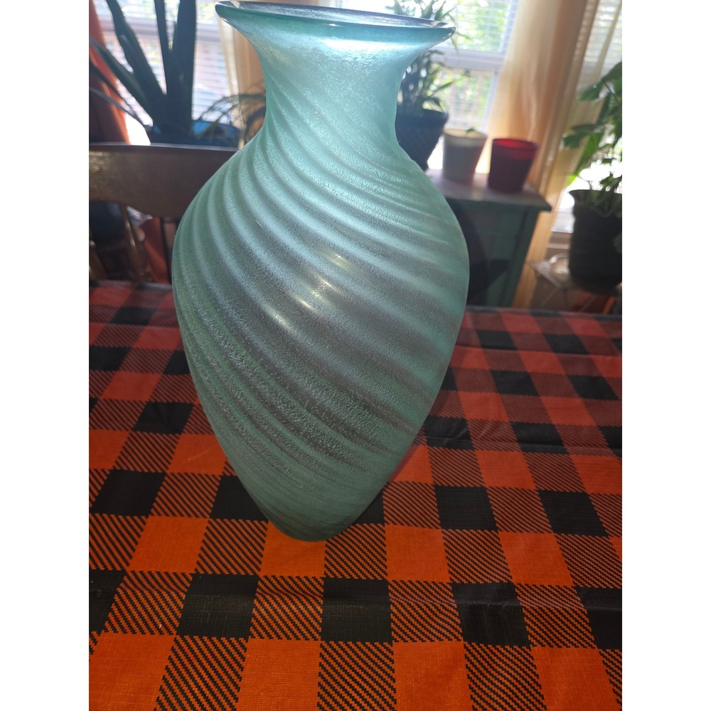 Vintage Frosted Seafoam Green Glass Spiral Swirl Vase Flared Rim Decor
